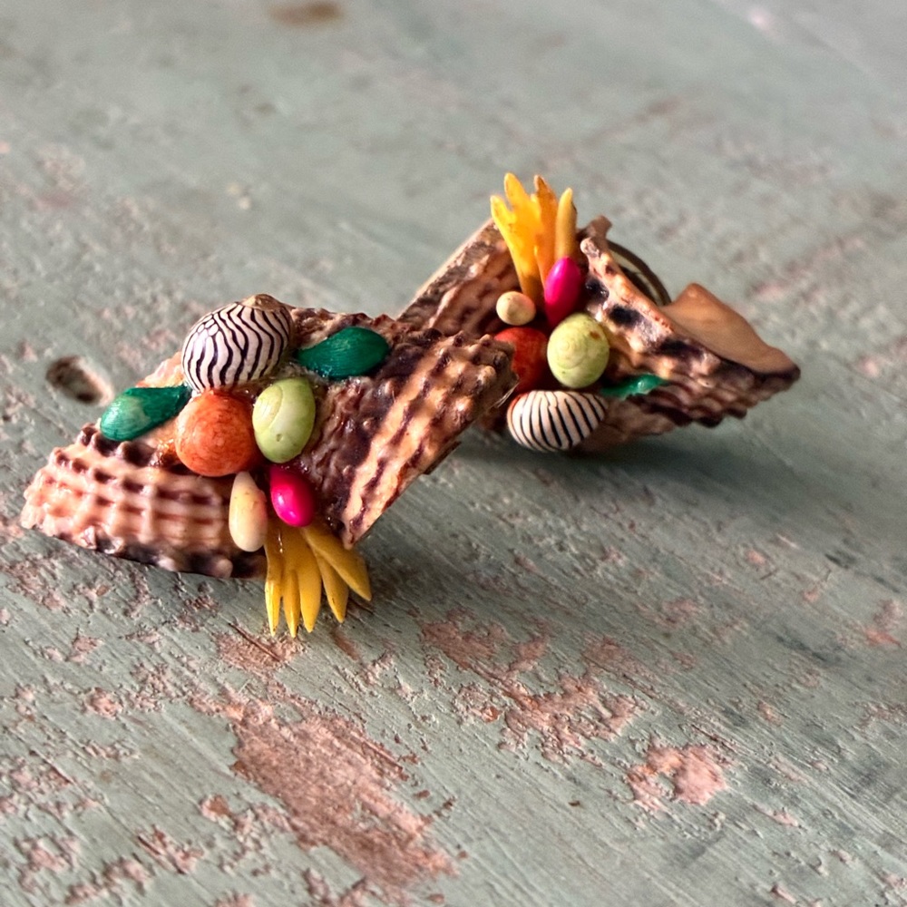 Vintage and Handmade Colorful Shell Cluster Clip Earrings